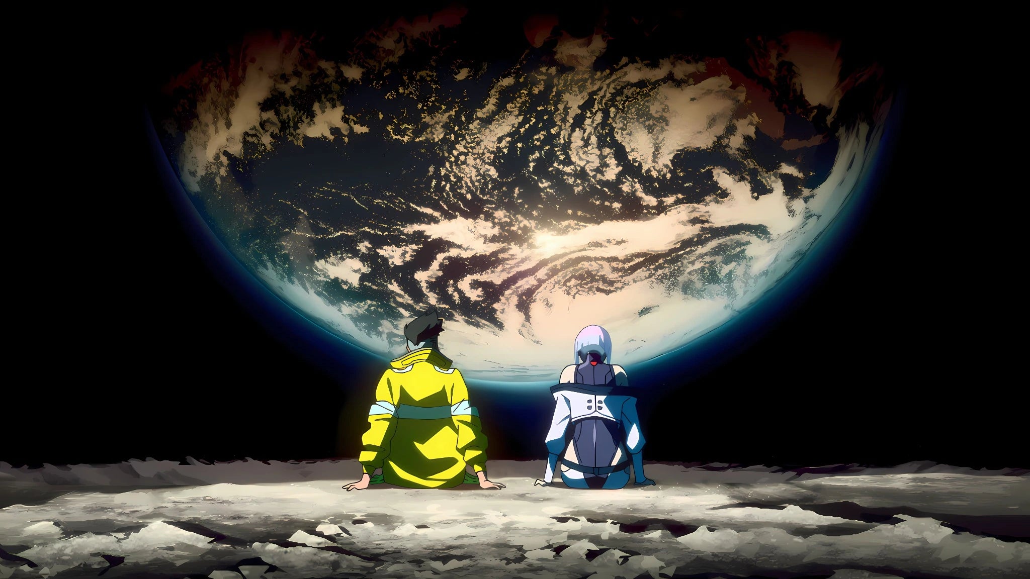 David and Lucy sitting together on the Moon, facing the Earth