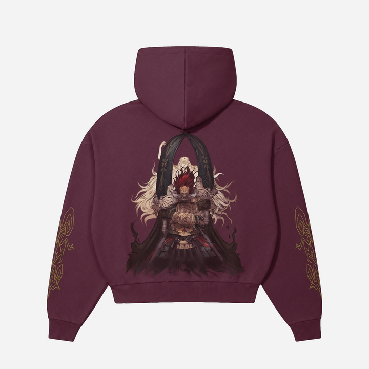 A maroon hoodie shown from the back, featuring a large graphic print of a fantasy character with long white hair and a dark cloak, with gold sleeve prints, on a light gray background.