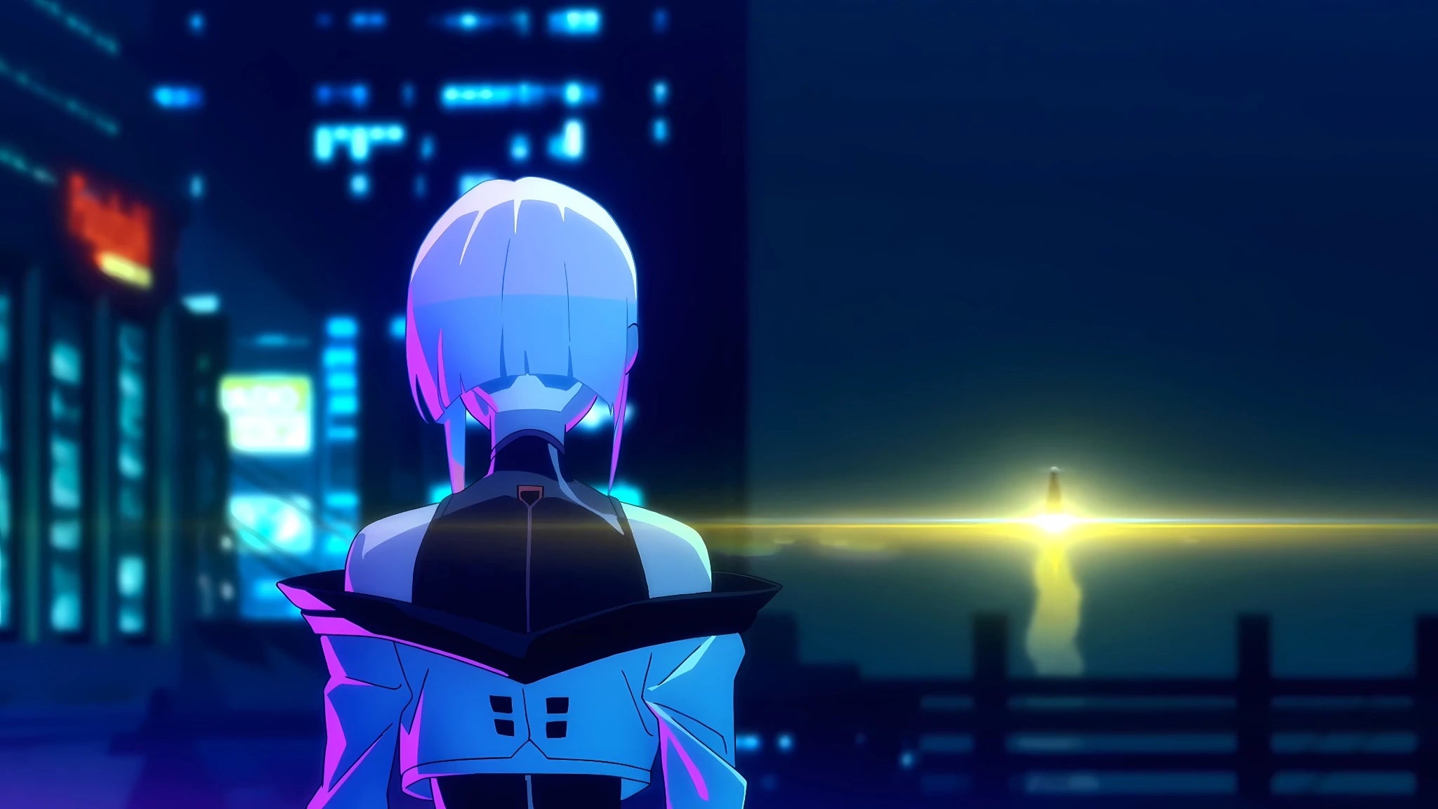 Lucy watching a rocket launch beyond the blue lights of Night City